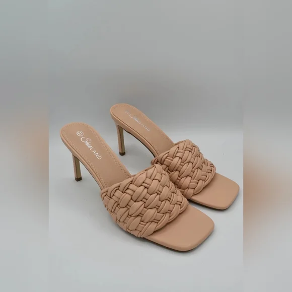 Beige Woven Heeled Sandals - Picture 2 of 4